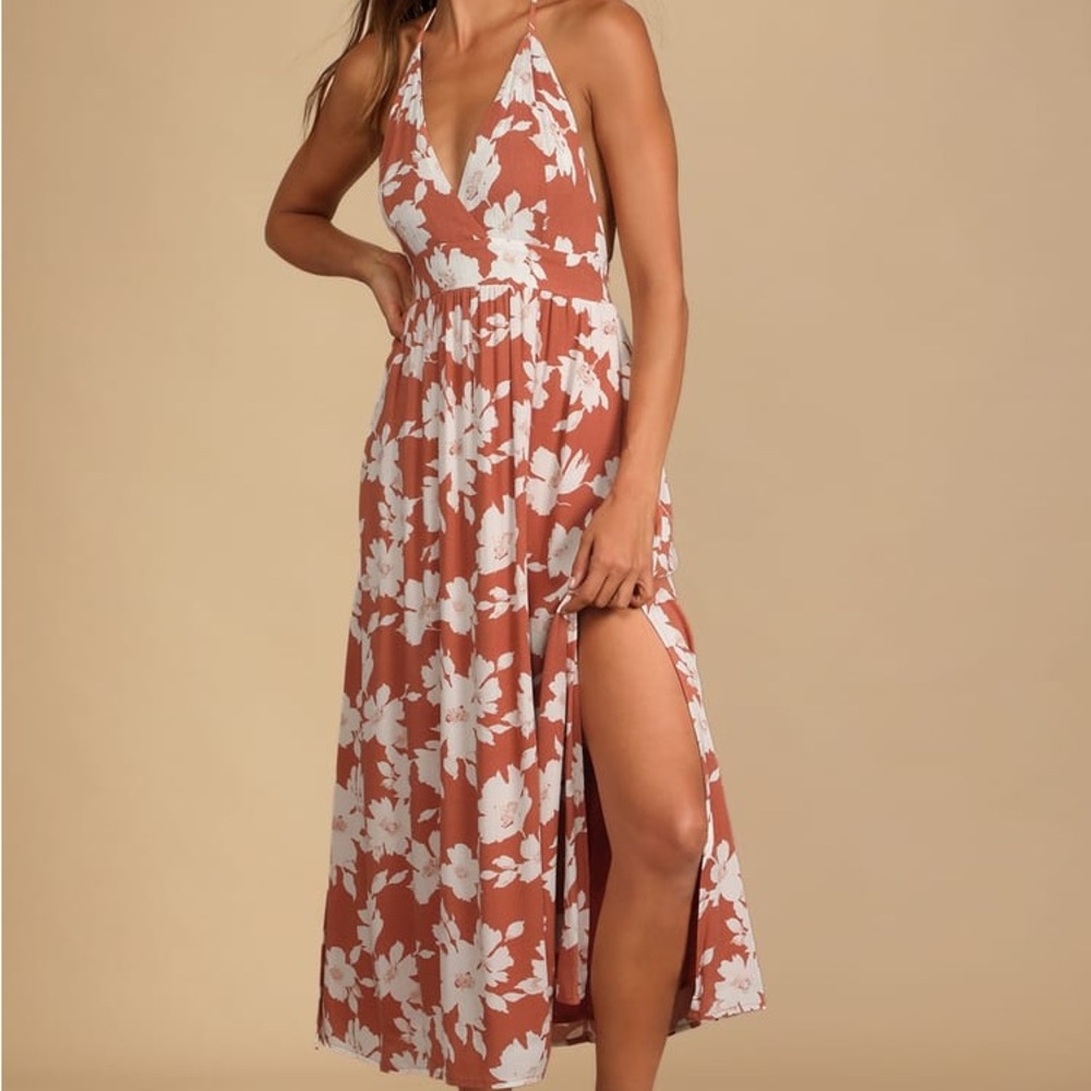 NWT Lulus Follow the Summer Orange Floral Print Halter Midi Dress size large